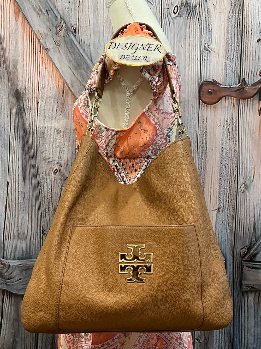 TORY BURCH Britten Large Chain Hobo Brown EUC!